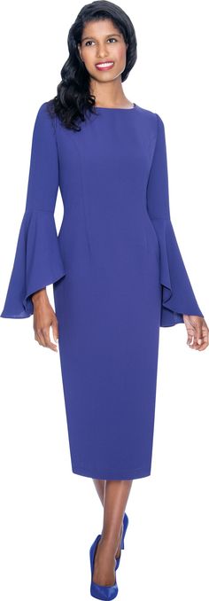 Dresses by Nubiano 3781 1 piece Dress Colors: Black, Purple, White Sizes: 8, 10, 12, 14, 16, 16W, 18, 18W, 20W, 22W, 24W, 26W Blue Fitted Dress With Bell Sleeves, Fitted Blue Dress With Bell Sleeves, Fitted Bell Sleeve Evening Dress, Fitted Evening Dress With Bell Sleeves, Formal Fitted Bell Sleeve Midi Dress, Formal Fitted Midi Dress With Bell Sleeves, Fitted Bell Sleeve Midi Dress For Formal Occasions, Fitted Bell Sleeve Midi Dress For Evening, Elegant Solid Color Bell Sleeve Dresses