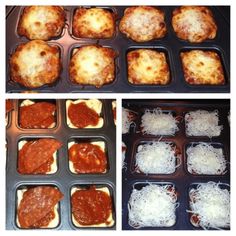 several different pictures of food in pans with cheese and sauce on them, including meatballs and lasagna