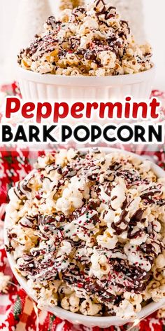 peppermint bark popcorn in a white bowl with chocolate sprinkles on top