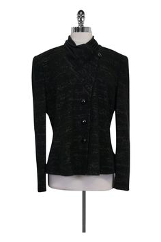 Current Boutique-Armani Collezioni - Black Marbled Blazer Sz 12 Elegant Formal Fall Outerwear, Elegant Formal Outerwear For Fall, Tailored Long Sleeve Evening Tops, Tailored Tops For Formal Winter Occasions, Elegant Business Tops For Winter, Formal Black Wool Top, Tailored Semi-formal Top For Fall, Black Wool Top For Formal Occasions, Fitted Evening Blazer For Fall