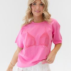 Pink t-shirt, boyfriend fit. Our model is wearing size large (unisex). Size up for an oversized fit. 100% cotton. Pink Graphic Print T-shirt For Loungewear, Spring Screen Print T-shirt For Loungewear, Pre-shrunk Cotton Tops For Loungewear, Spring Loungewear Tops Pre-shrunk, Cotton Loungewear T-shirt, Summer Loungewear T-shirt, Oversized Pre-shrunk T-shirt For Loungewear, Pink Cotton T-shirt For Loungewear, Pink Graphic Tee For Loungewear