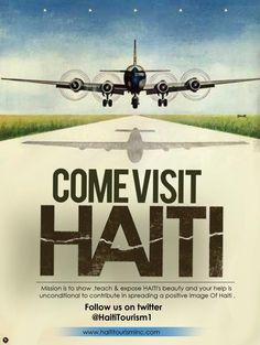 an advertisement for a travel company with a plane in the sky and words that read, come visit hati follow us on twitter