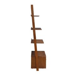 a tall wooden shelf with three shelves on each side