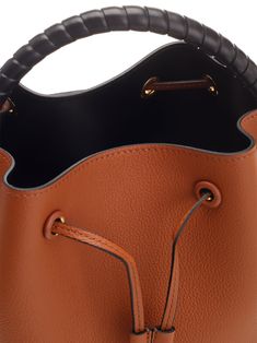 100% Calf Leather Bos Taurus Brown Calf Leather Bucket Bag With Gold-tone Hardware, Brown Calf Leather Top Handle Bucket Bag, Cognac Calf Leather Bag With Handles, Brown Calf Leather Shoulder Bag With Handles, Luxury Brown Bucket Bag With Removable Pouch, Chic Brown Calf Leather Bucket Bag, Designer Brown Bucket Bag With Removable Pouch, Brown Calf Leather Bag With Handles, Cognac Shoulder Bag With Handles For Evening