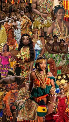 a collage of african women and men in traditional dress, with different hair colors