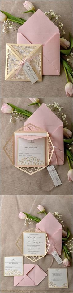 a pink and gold wedding stationery set on top of a table with tulips