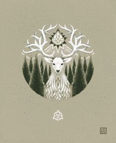 an animal with antlers on its head and trees in the background, surrounded by geometric shapes