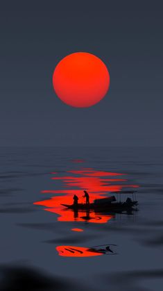 two people in a small boat at sunset