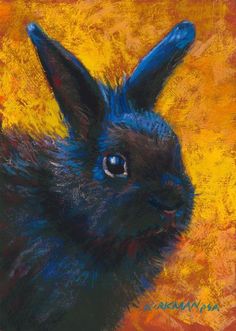 a painting of a black bunny rabbit with blue eyes and ears, sitting in front of an orange background