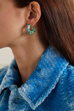 Green Enamel and crystal gold-tone hoop earrings | BOTTEGA VENETA | NET-A-PORTER Chunky Hoop Earrings, Hair Back, In Focus, Silver Enamel