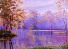 a painting of a lake surrounded by trees