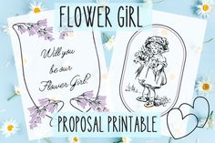 two flower girl cards with the words, will you be our personal printable?