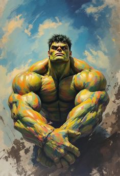 a painting of the incredible hulk man with his hands in his pockets, looking like he is