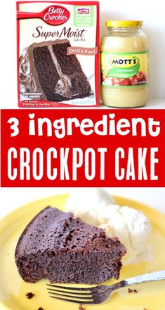 three ingredient crockpot cake on a yellow plate with a fork next to it