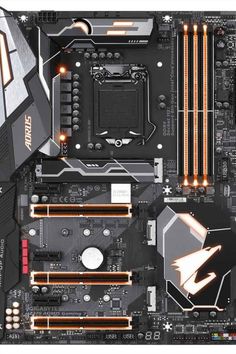 the motherboard and its components are shown in this image, with orange lights on them