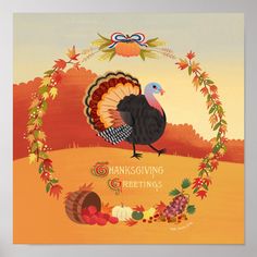 a thanksgiving card with a turkey surrounded by autumn leaves and other holiday items in the background