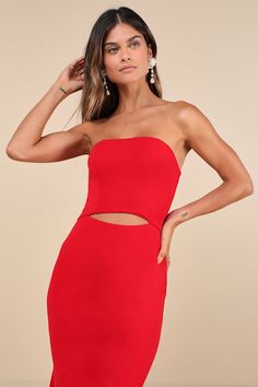 Fill any room with your fabulous aura the moment you walk in wearing the Lulus Gorgeous Existence Red Strapless Cutout High-Low Maxi Dress! Stretchy crepe woven fabric shapes this stunning dress that features a strapless, princess-seamed bodice (with hidden no-slip strips) and a straight neckline. A flirty center cutout accents the fitted waist that sits atop a figure-flaunting skirt that cascades down to a flaring, high-low maxi hem. Hidden back zipper/clasp. Fit: This garment fits true to size Chic Red Strapless Dress With Straight Neckline, Chic Red Bandeau Strapless Dress, Red Strapless Dress With Straight Neckline For Evening, Red Mini Dress With Straight Neckline For Night Out, Chic Strapless Dress For Red Carpet, Strapless Summer Dress For Red Carpet, Red Mini Dress With Straight Neckline For Cocktail, Red Dress With Straight Neckline For Date Night, Red Bandeau Strapless Dress For Night Out