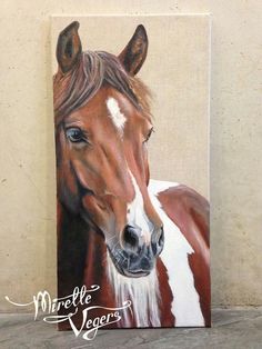 a painting of a brown and white horse