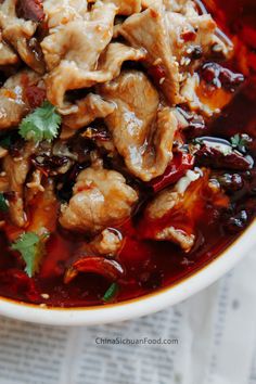 a close up of a bowl of food with meat and cilantro in it