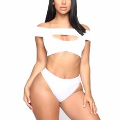 * Two Piece * Color: White * Off Shoulder Top * Cheeky High Waisted Bottom * Self: 85% Polyester 15% Elastane * Lining: 93% Polyester 7% Spandex Fitted Cutout Beach Crop Top, Fitted Cutout Crop Top For Beach, Beachwear Tops For Club And Beach Season, White Beachwear Top For Pool, High Waist Summer Crop Top For Beach, White High Waist Tankini For Sunbathing, White High-waist Tankini For Sunbathing, White Triangle Top For Pool, White Cutout Swimwear For Poolside