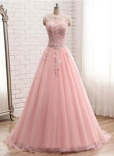 Pink Tulle with Lace Applique Ball Gown Open Back Evening Gown, Pink F – Cutedressy Open Back Evening Gown, Pink Formal Dress, Gown Pink, Pink Ball Gown, Lace Evening Gowns, Color Rush, Pink Formal Dresses, Lace Prom Dress, Pink Tulle