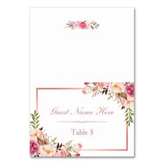 wedding place cards with watercolor flowers and gold trimmings on white paper, set of