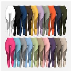 a group of women's leggings with different colors and sizes on them