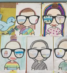 four children's drawings with glasses on them, each depicting different people and birds