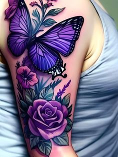 a woman's arm with purple flowers and a butterfly on top of her shoulder