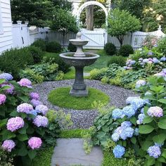 a garden with blue and purple flowers in the center, surrounded by greenery on both sides