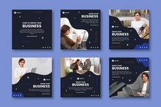 six business banners with women working on laptops