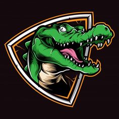 an alligator mascot with its mouth open and tongue out, in front of a dark background