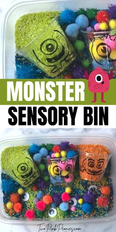 Text that says Monster Sensory Bin above and below are images of a sensory bin made from colored rice and cups with monsters drawn on them. Monster Sensory Bin, Fall Sensory Bin, Toddler Sensory Bins, Idea For Halloween, Halloween Sensory, Sensory Crafts, Baby Play Activities, Monster Theme, Toddler Sensory