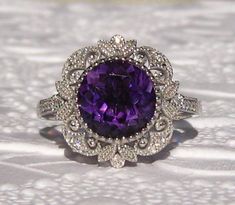 Amethyst in White Gold Milgrain Bezel Filigree Engagement Ring, Vintage Inspired Filigree Amethyst Ring Filigree Engagement Ring Vintage, Amethyst Engagement Ring, Filigree Ring Gold, Rings Ideas, Swarovski Crystal Rings, Amethyst Ring Engagement, Filigree Engagement Ring, Engagement Ring Vintage, Purple Sapphire