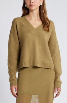 Open Edit V-Neck Sweater | Nordstrom Sweater Nordstrom, Olive Brine, V Neck Sweater, Neck Designs, Vneck Sweater, Neck Sweater, Hand Wash, Nordstrom, Long Sleeves