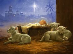 the baby jesus is laying in his manger with three lambs on the ground