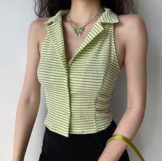 Trendy Striped Vest For Spring, Green Summer Top With Striped Collar, Retro Green Sleeveless Tank Top, Summer Green Top With Striped Collar, Green Fitted Summer Vest, Retro Green Sleeveless Top, Trendy Fitted Green Vest, Retro Green Spring Vest, Retro Green Tank Top For Spring