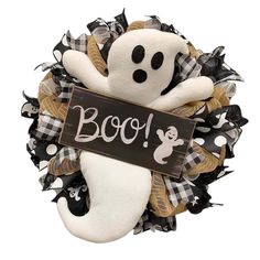 a halloween wreath with a ghost and boo on it