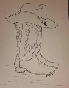 a drawing of a cowboy boot with a hat