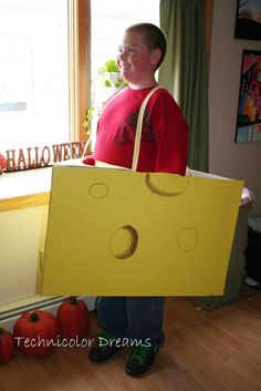 H a l l o w e e n C o s t u m e s ! ! Here's a costume I literally whipped up tonight in a couple hours. Its for my friends little boy. ... Diy Cheese Costume, Cheese Costume, Theatre Camp, Car Costume, Purim Costumes, Diy Cheese, Box Costumes, Block Of Cheese, Spirit Week