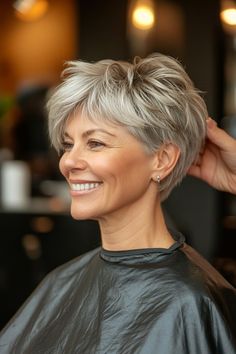 Short Grey Blonde Hair, Grey Hair Pixie Haircut Over 50, Grey Blending Short Hair, Very Layered Short Hair, Short Hairstyle Women Thick Hair 2024, Back Of Short Hair, Short Grey Hair Over 50 Modern Haircuts, Short Hair With Blonde Highlights, Medium Pixie Haircut