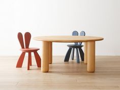 two chairs and a table on the floor in front of a wall with white walls