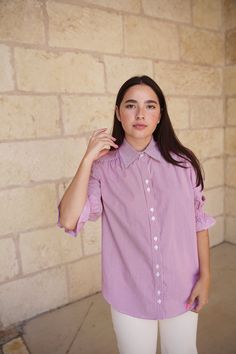 Red & white striped cotton button front blouse with short puff sleeves and relaxed shape. Elbow length sleeve with smocked cuff. 100% Cotton Jacquie Aiche, Ag Jeans, Elbow Length Sleeve, Denim Pant, Ulla Johnson, Eileen Fisher, Skirt Pants, Puff Sleeves, Ring Shopping