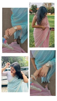 four different pictures of a woman in a sari