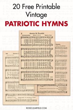 two sheet music pieces with the words, free printable vintage patriotic hyms