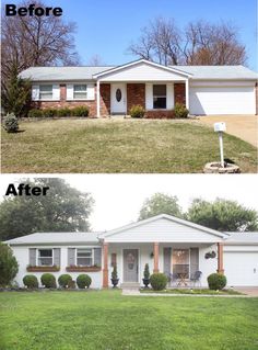 before and after pictures of a house with grass in the front yard, one is white and the other is red