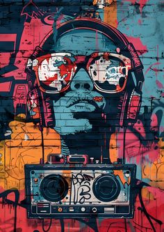 a painting of a person wearing headphones and glasses with a boombox in front of it