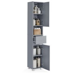 a tall metal cabinet with two doors and shelves on one side, the door is open