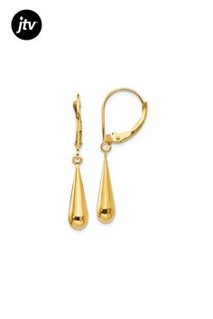 14k yellow gold teardrop dangle earrings with polished finish and leverback closures. Measures approximately 1.29"L x 3/16"W. Yellow Gold Lever Back Drop Earrings, Classic Teardrop Lever Back Jewelry, Classic Polished Drop Earrings, Classic Teardrop Earrings With Lever Back, Classic 14k Gold Teardrop Earrings With Polished Finish, Classic Drop Jewelry With French Hook, Formal Teardrop Earrings With Lever Back, Formal Gold Teardrop Earrings With Lever Back, Formal Yellow Gold Dangle Earrings