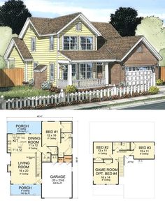 two story house plan with three car garages and an attached porch, on the first floor